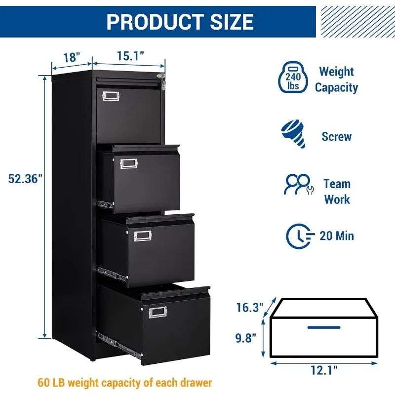 4 Drawers Vertical File Cabinets - Lateral Filing Cabinets - Metal Steel Lockable Storage Cabinets for Home Office