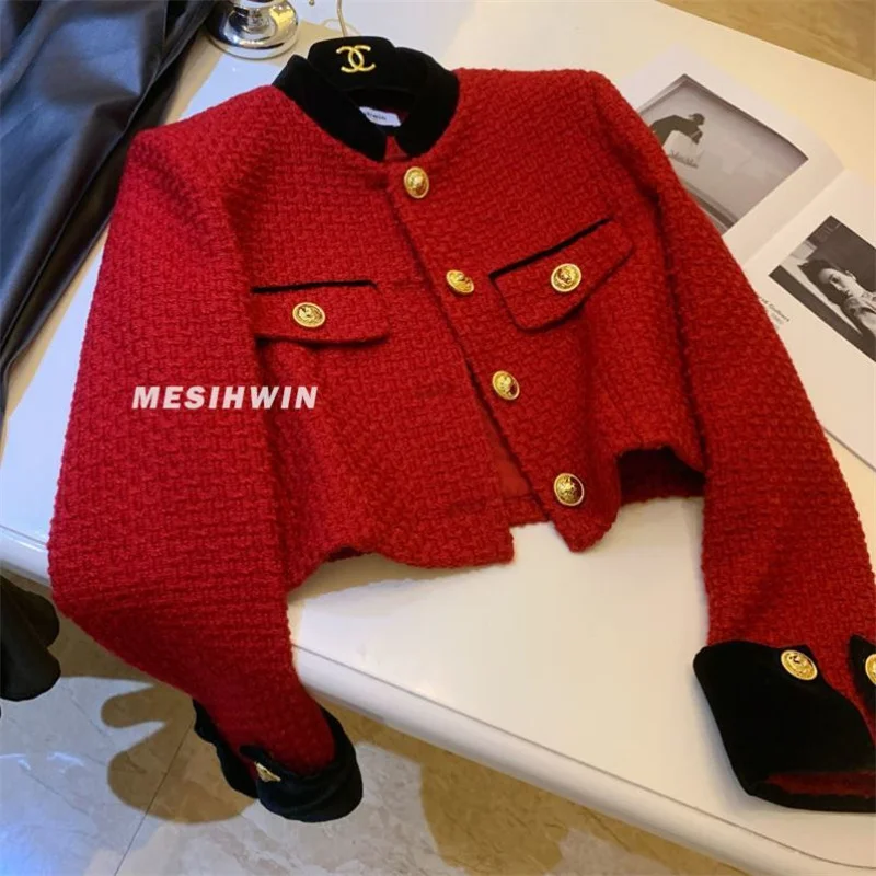 Design Sense Contrasting Color Jacket For Women 2025New Temperament Red Stand Up Collar Coarse Tweed Jacket Top Ladies Wool Coat