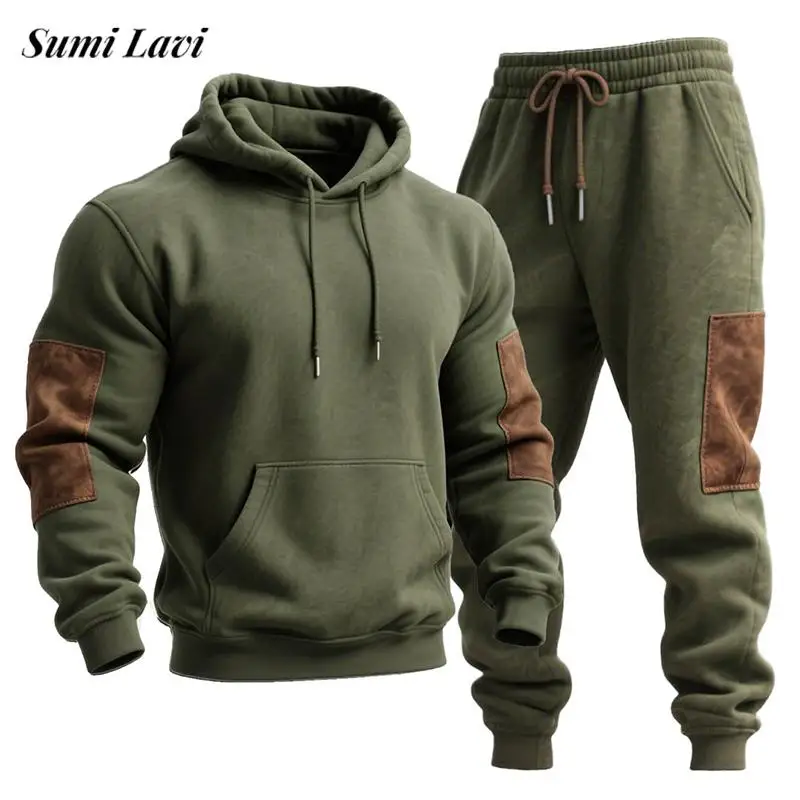 

Стильные мужские лоскутные наряды, осенне-зимние повседневные толстовки и брюки контрастного цвета, спортивные костюмы для мужчин, винтажные комплекты из двух предметов