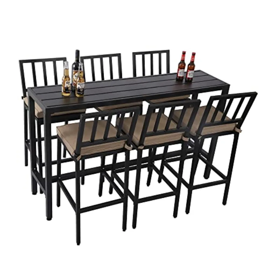 

Outdoor Patio Bar Set, Bar Height Patio Dining Set, Weather-Resistant Bistro Counter Pub Set with Cushions and Slatted Tabletop