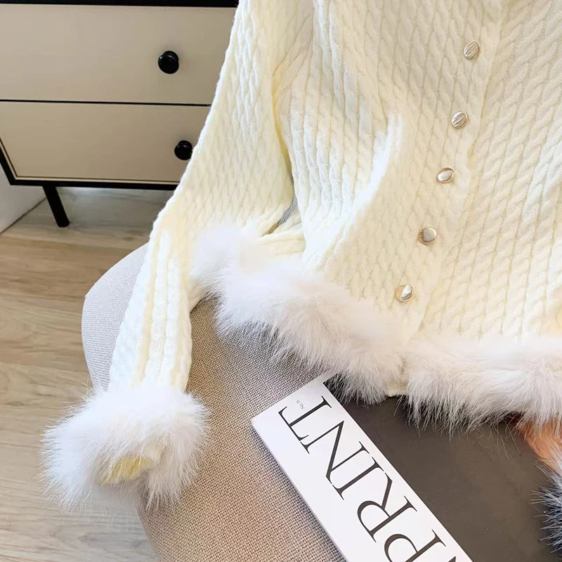 Cárdigan de punto informal elegante para mujer, suéter liso de retales peludo con botones de manga larga, prendas de vestir sencillas y elegantes con cuello redondo para oficina