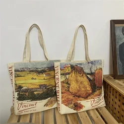 2022 mulheres lona bolsa de ombro arte pintura a óleo senhoras casual bolsa tote grande capacidade algodão reutilizável saco de praia de compras