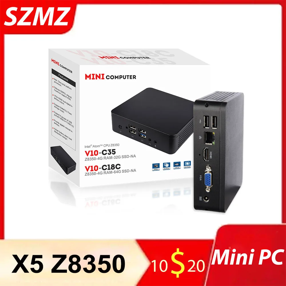 SZMZ Mini PC X5 Z8350 1.92GHz 4GB RAM 64GB SSD  Wnidows 10 Linux Desktop Computer Support 2.5 Inch HDD VGA&HD Dual Output Minpc