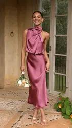 Solid Color Satin Slim Long Dresses Women Sleeveless Halter Neck A-line Party Dress Temperament Elegant Ladies Evening Vestidos