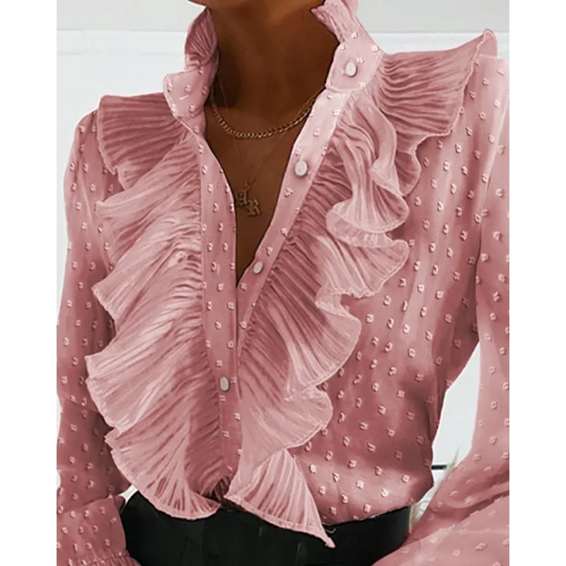 2024 Spring Summer New Solid Color Women\'s V-neck Pleated Long Sleeve Shirt Ruffle Top Shirt Blouse Tops