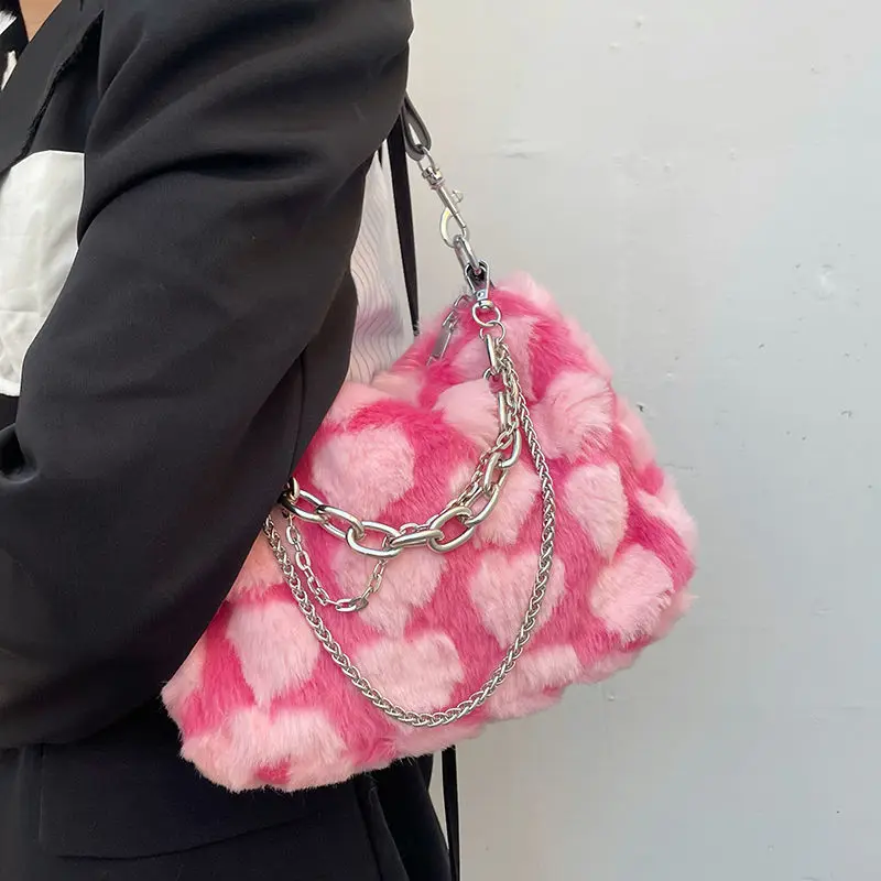 Y2k Hot Girls Pink Love Underarm Bags Soft Plush Heart Pattern Ladies Shoulder Bag Female Chain Furry Crossbody Bag Handbags