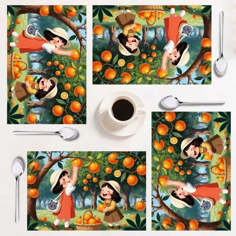 

4-piece placemat set, vibrant fruit design, easy clean, rectangle, 12×18 inches, perfect for kitchens and festive occasions.