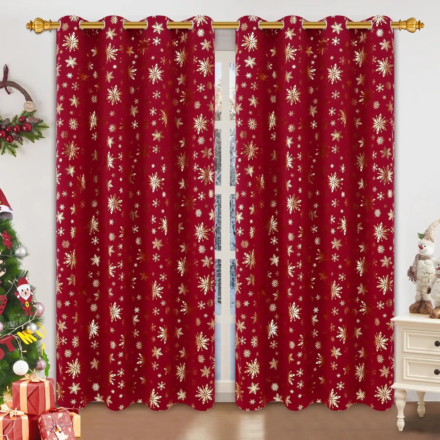 Christmas Curtains for Living Room and Bedroom Gold Tree Blackout Window Panels Red 63 Inch Length Grommet