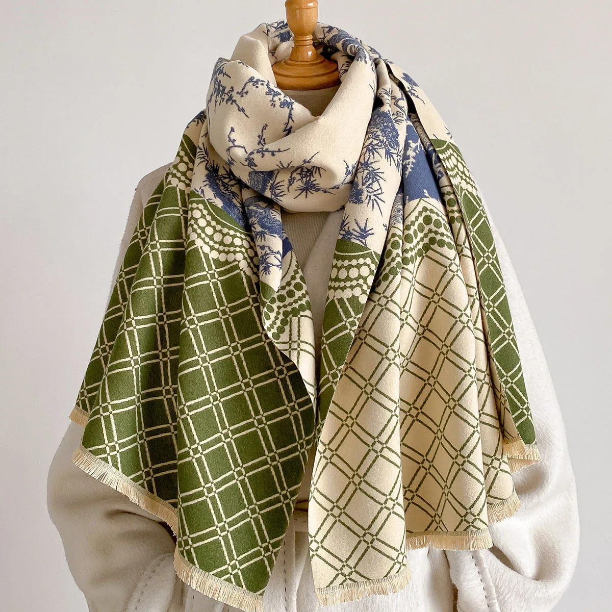 Winter High Grade Faux Cashmere Shawl Women Cream Vintage Oriental Pine Tree Pattern Thick Cozy Warm Large Wrap Scarf