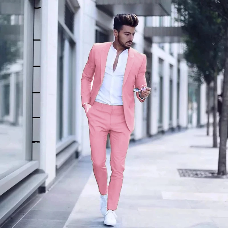 Pink Mens Suits For Wedding 2 Pieces Homme Wedding Groom Tuxedos Groomsmen Business Prom Suits Slim Fit Blazer Pant Customized