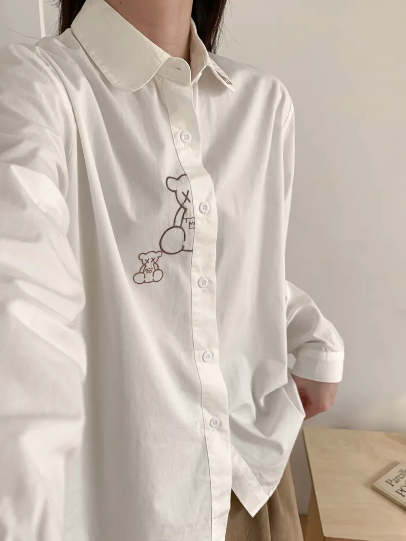 New 2025 Autumn Cotton Long Sleeve Shirt, Women Turn-down Collar Embroidery, Mori Girl Cute Age Reduction Loose Blouse T57422CC