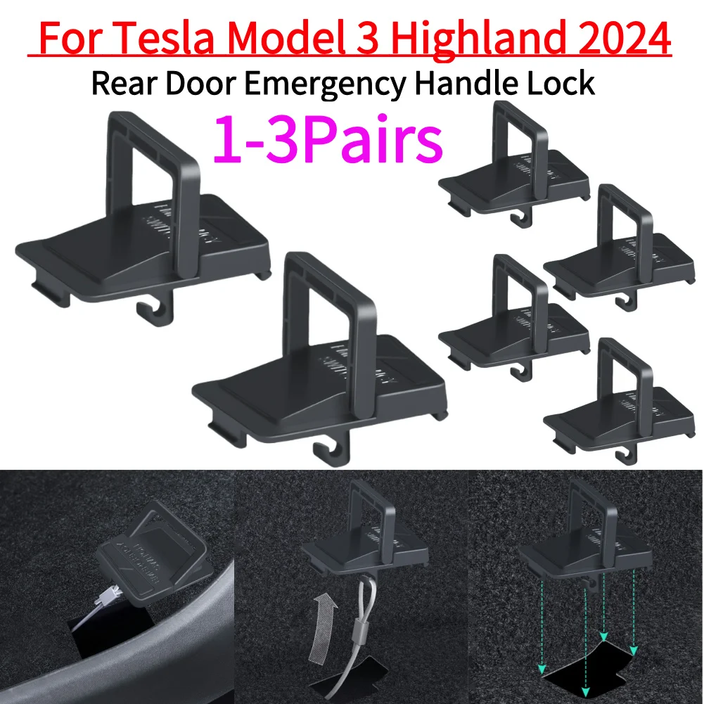 1-3Pairs Rear Door Emergency Handle Lock For Tesla Model 3 Highland 2024 Quickly Open Escape Switch Unlock Door Car Accessories