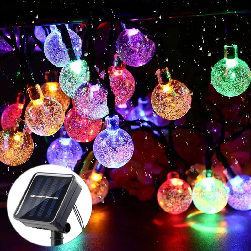 5m/7m/12m Outdoor Solar Crystal Ball Fairy String Lights Camping Fairy Wedding Garland Garden Party Decor