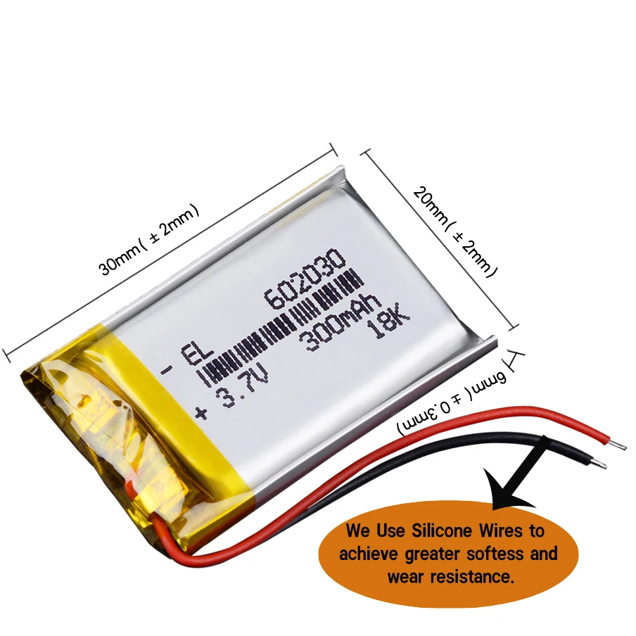 Silicone Wires 300mAh 602030 3.7V Rechargeable Lithium Li-ion Polymer Battery