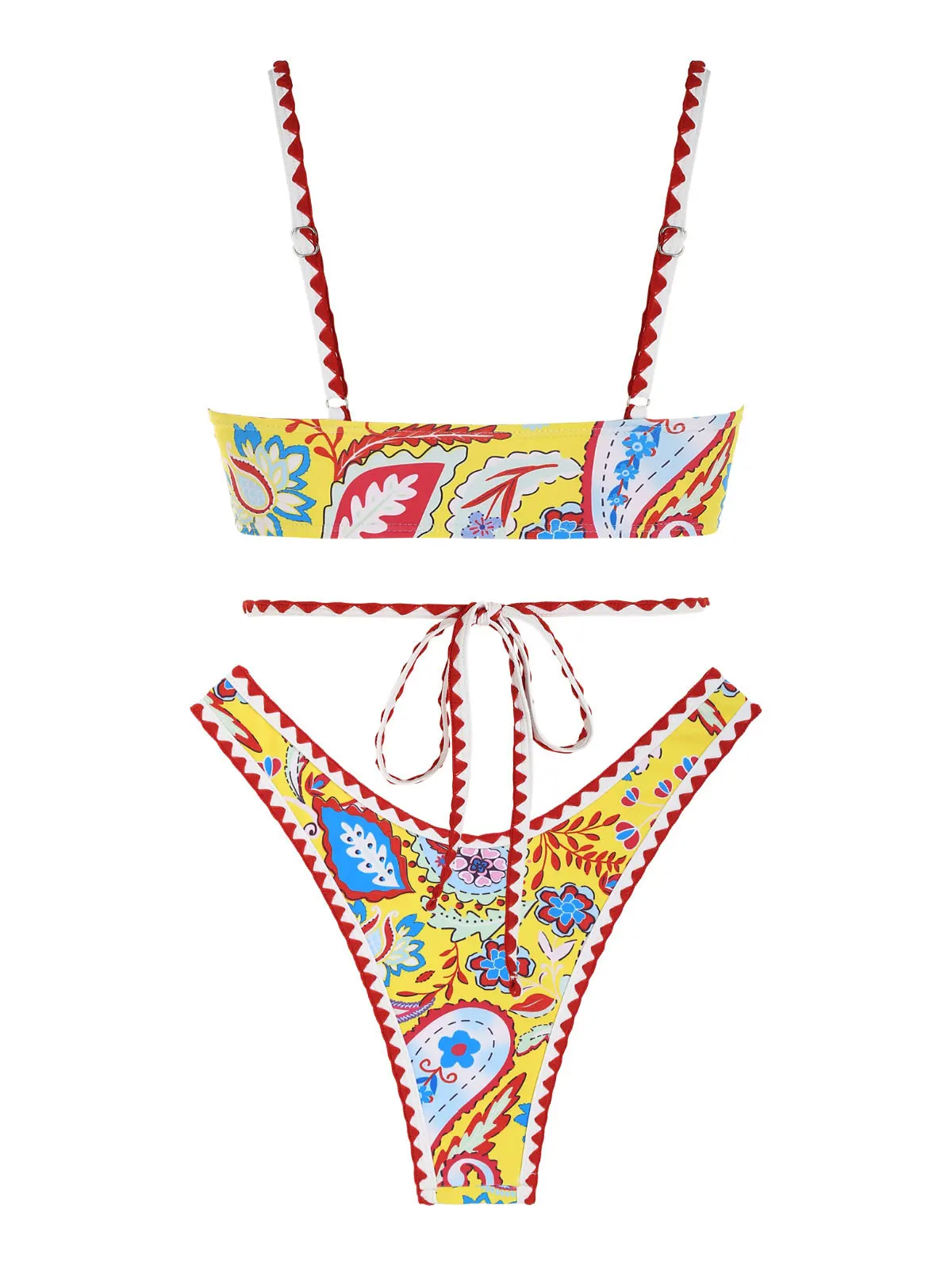 ZAFUL Ethnic Plant Print Whip Stitching High Cut Wrap Bikini Stroje kąpielowe