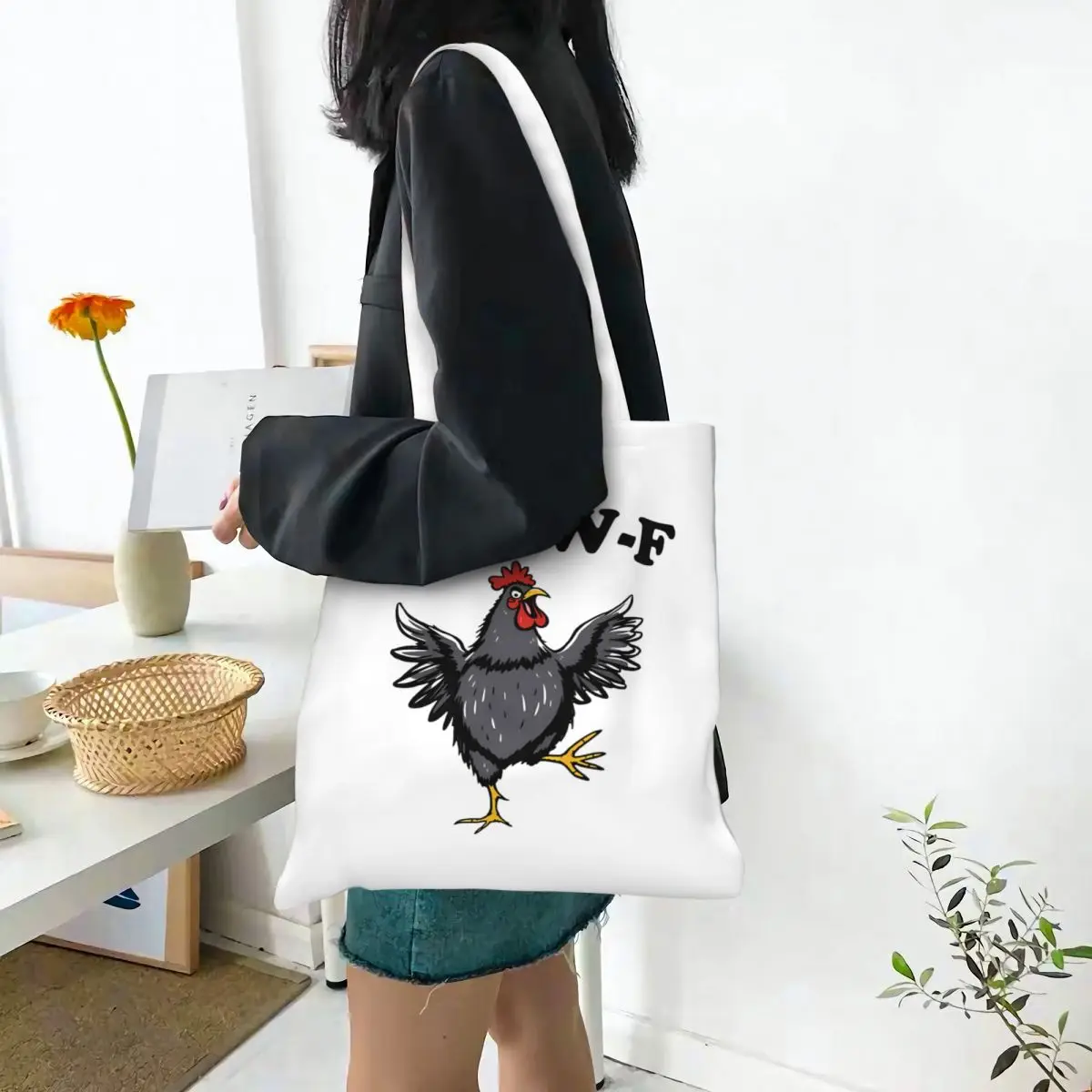 F-Caw-F مضحك الدجاج ميمي قماش حمل حقيبة يد أكياس البقالة أكياس التسوق سعة كبيرة للجنسين