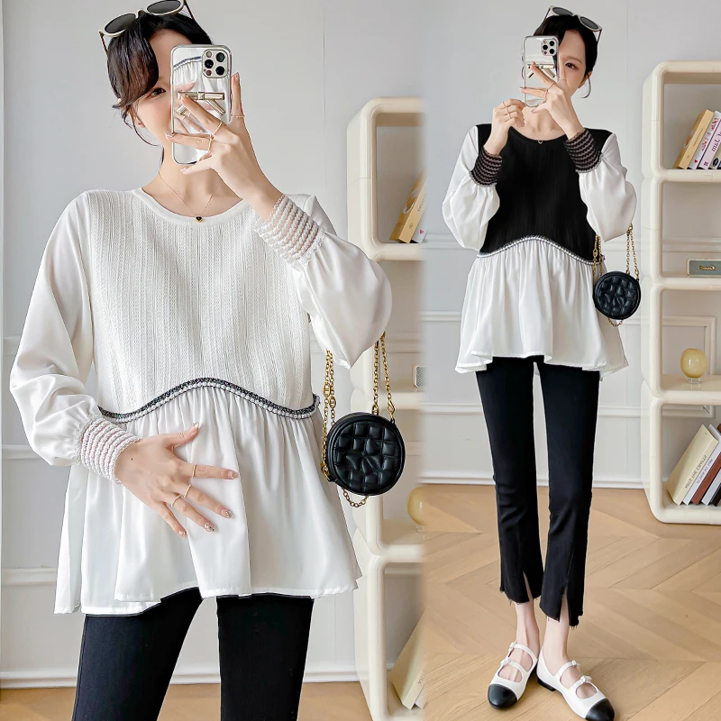 

2024 Autumn Fall Korean Fashion Patchwork Maternity Shirts Elegant A Line Loose Tops for Pregnant Women 24ss Y2k Youth Pregnancy