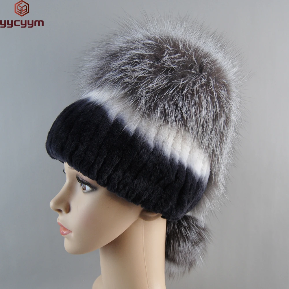 

Luxury Women Genuine Rex Rabbit Fur Hats Winter Rex Rabbit Fur Beanies Head Top Flower Real Fox Fur Warm Real Fur Knit Caps