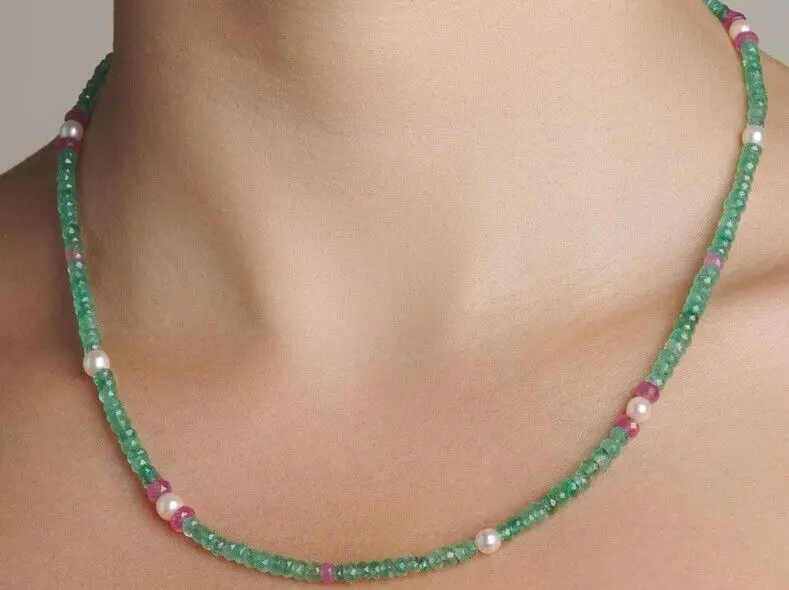 

Emerald,pearl And Ruby Necklace 2*4mm,round faceted Beads Necklace18 Inches