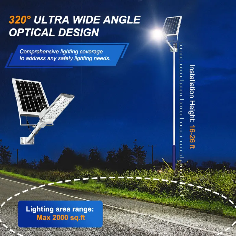 Farola solar exterior impermeable IP65, con un brillo de 10.000 lúmenes y un 320 °   rango de iluminación gran angular