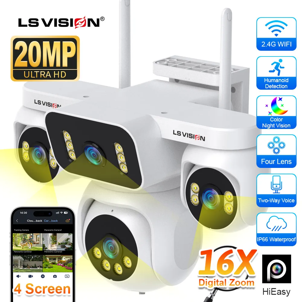 

LS VISION 10K 20MP Four Screens WiFi Security Camera Outdoor Four Lens 16X Digital Zoom Two Way Audio Auto Tracking CCTV Cameras