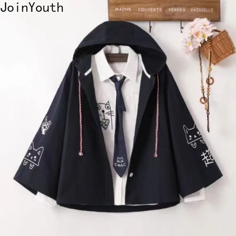 Veste Japonaise à Capuche pour Femme, Streetwear, Imprimé Chat, Fermeture Éclair, Vêtements d'Extérieur Respirants, Mode Décontractée, Mignon, Combiné Y2k, 2024