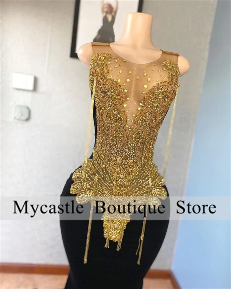 Luxury Rhinestones Prom Gowns 2025 For Black Girls Gold Beaded Crystal Birthday Party Dress Tassel Evening Dress Customized