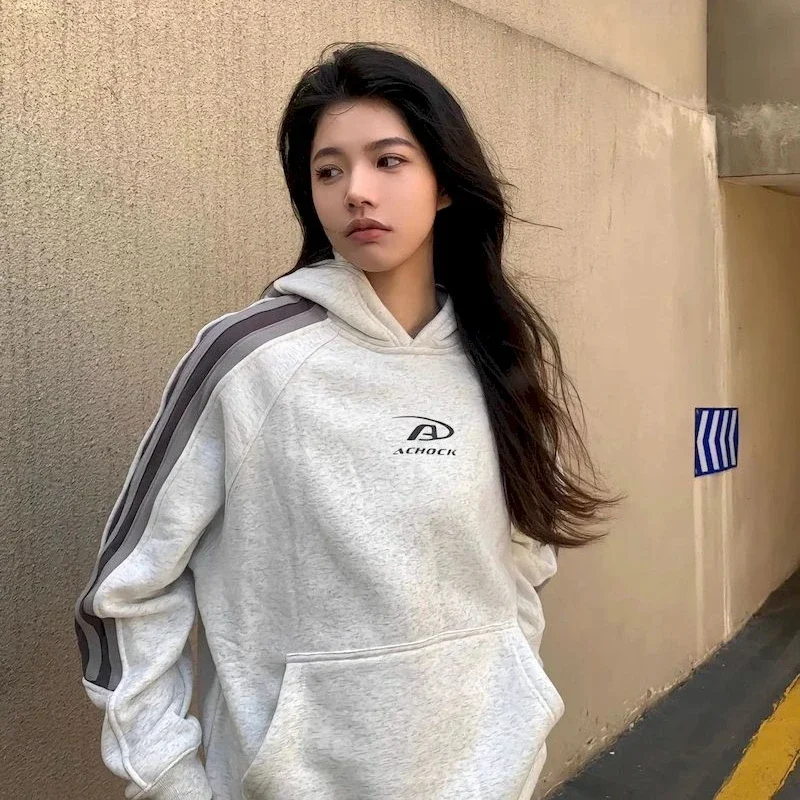 Y2K Streetwear Gray Oversized Hoodies Women Harajuku Vintage Patchwork Hooded Sweatshirts korean Casual Hip Hop Tops Kpop Grunge