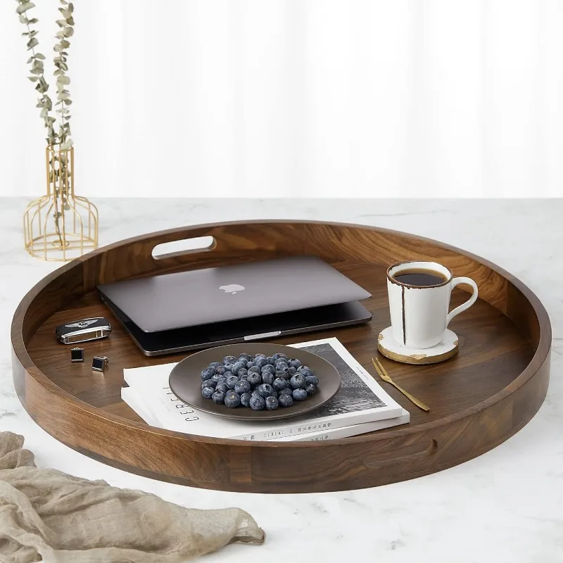 26 x 26 inches Extra Large Round Ottoman Table Tray Wooden Solid Serving Tray with Handle Black Walnut Circle