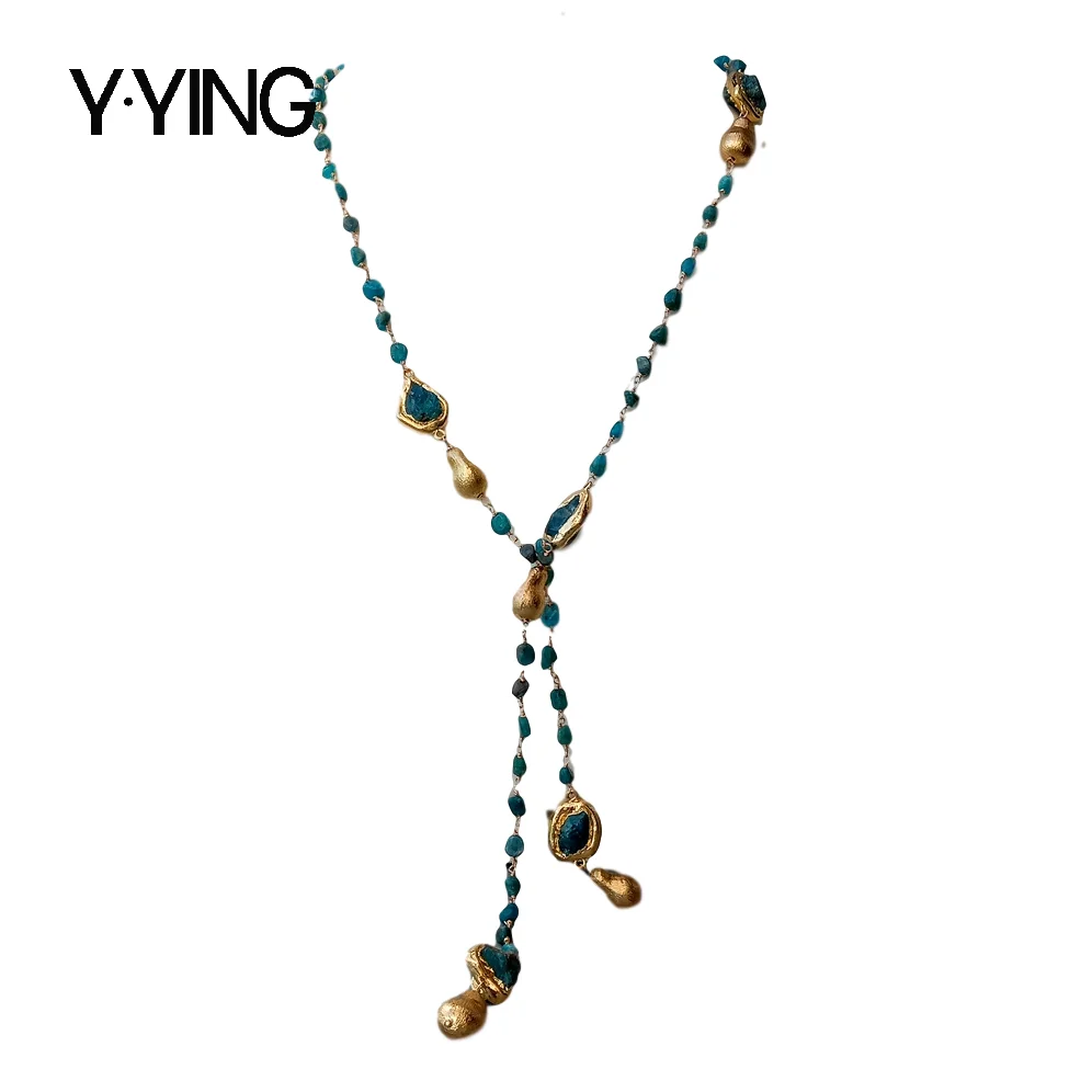 

Y·YING Natural Blue kyanites Gold color Plated Brushed Bead Long Necklace 40" sweater chain necklace for women