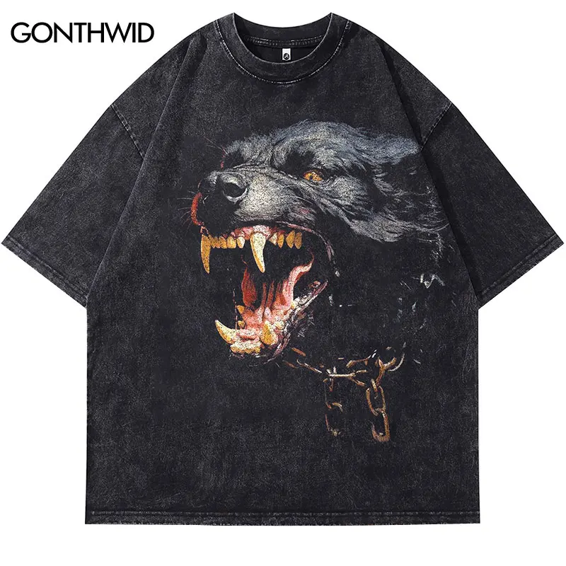 Vintage Black Tshirt Beast Rottweiler Dog Graphic Print Washed T-Shirt Streetwear Hip Hop Punk Gothic Loose 2024 Harajuku Tops