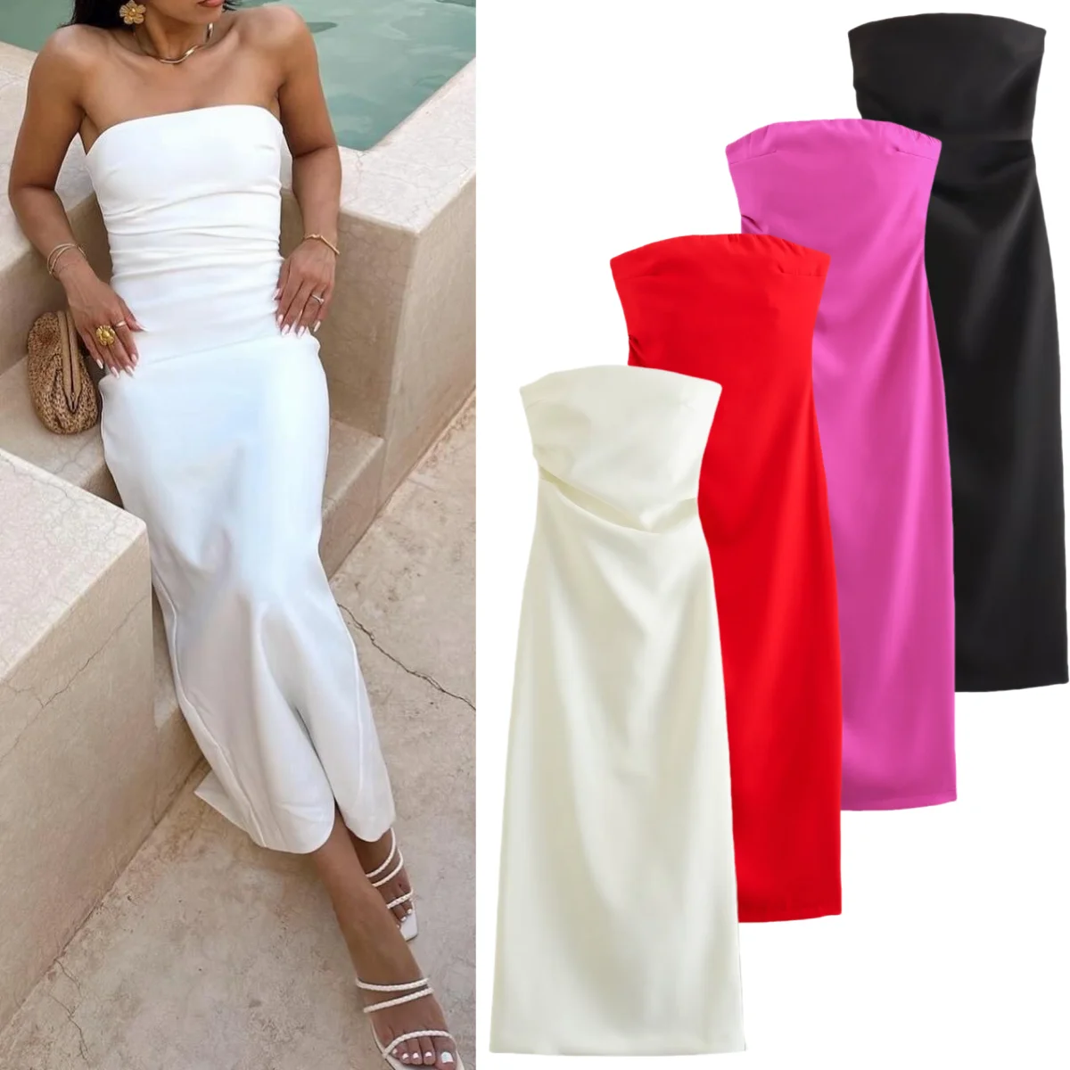 Women\'s Nightclub Evening Dress Off-shoulder Sleeveless Solid Color Back Slit Pleated Elegant Long Mid-length Sexy Dress