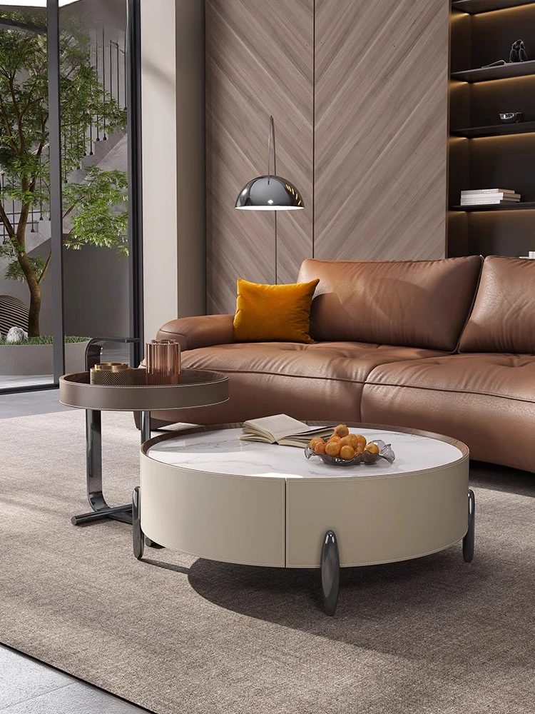 

Saddle Leather round Italian High-Grade Sense Size round Height Combination Simple Stone Plate Microlite Coffee Table