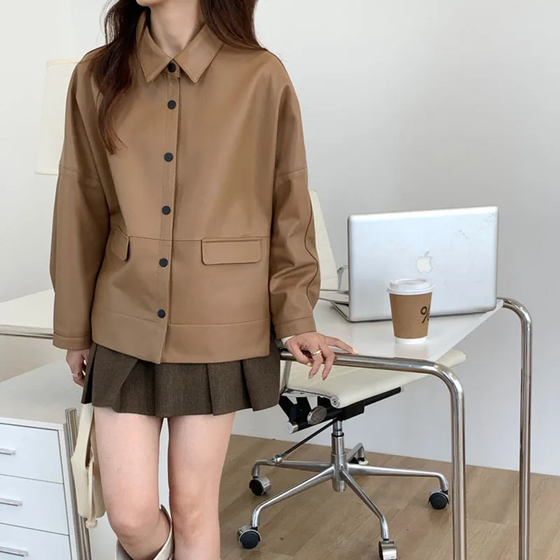 Sheepskin Bat Shirt Women's 2023 Spring New Short Casual Loose Turn-down Collar Single Breasted Genuine Leather Overcoat Female