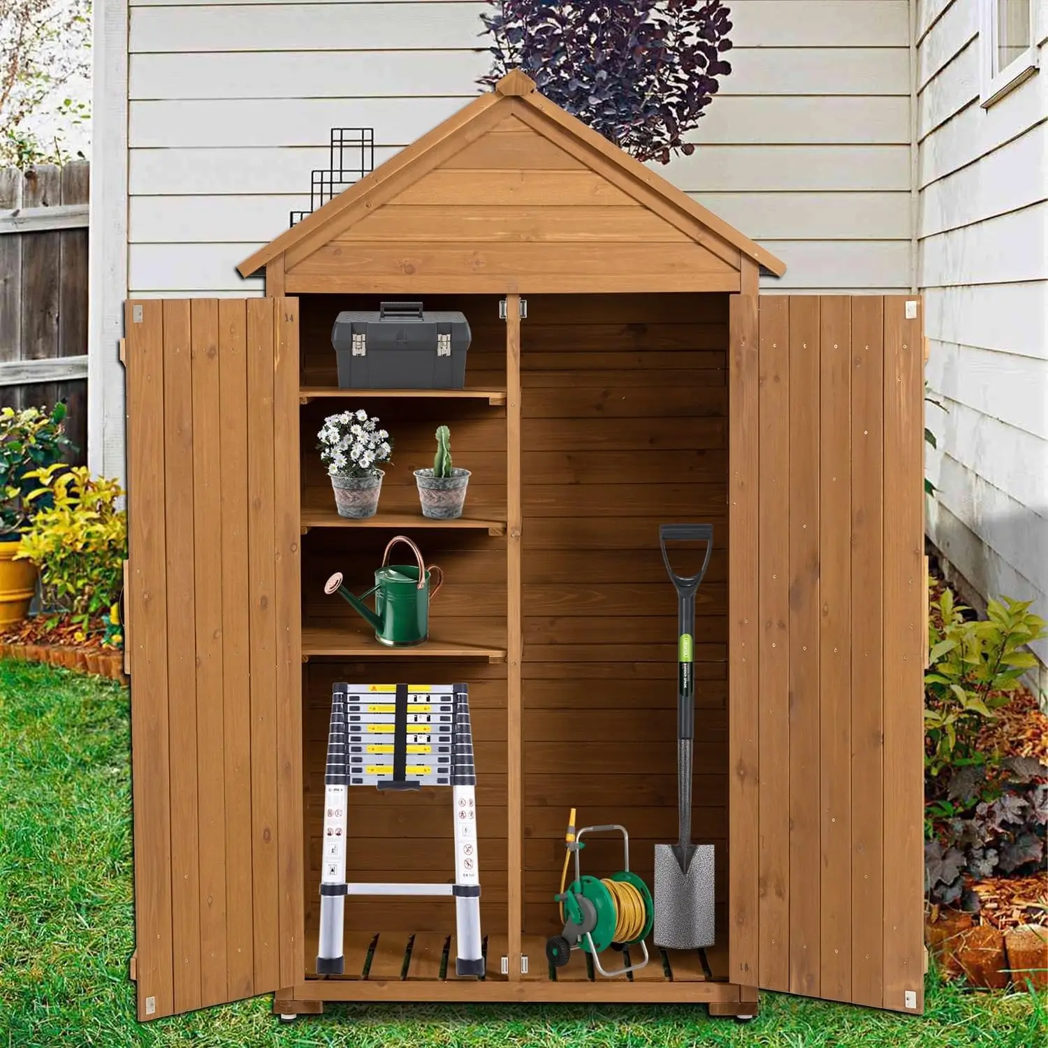 Outdoor Wooden Storage Cabinet, Garden Wood Tool Shed, Outside Wooden Shed Closet with 3 Detachable Shelves, Waterproof Roof, an