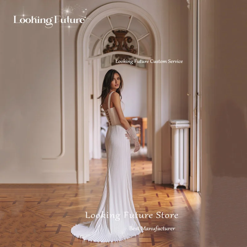 Modern Ivory Sheath Long Wedding Dresses Sexy Strapless Spaghetti Straps Bridal Gowns Pleated Backless with Lace-up Court Train