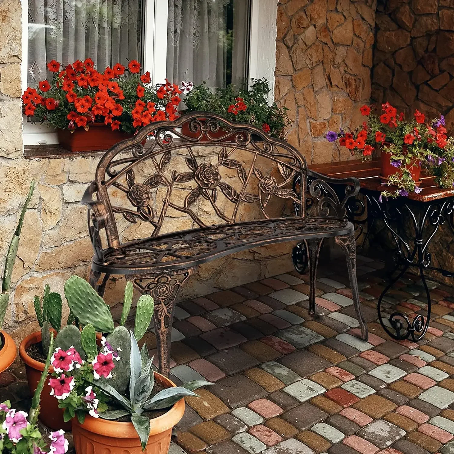 Patio Park Garden Outdoor Metal Rose Bench,Cast Iron Cast Aluminium Frame Antique Finish Chair,Accented