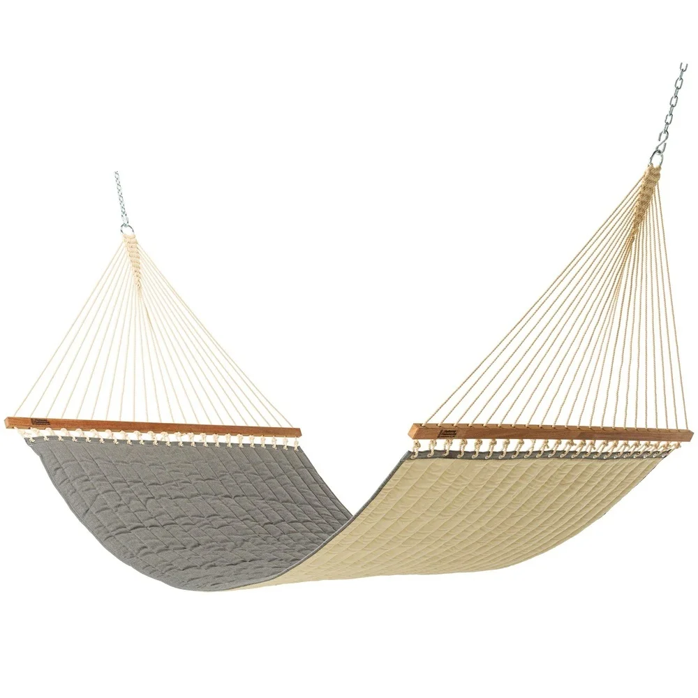 Large Cast Slate Sunbrella Quilted Hammock – 13 ft. x 55 in. 2 Person 450 lb Capacity Cumaru Spreader Bar Zinc Plated Hardware –