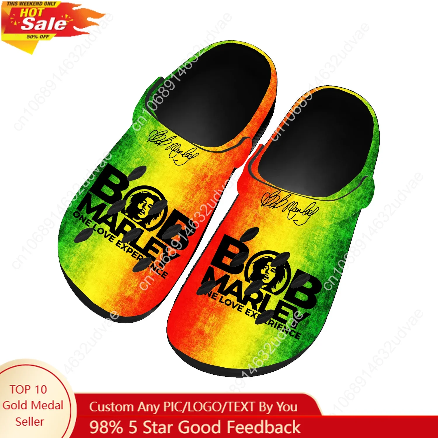 

Bob Marley Reggae Rasta Water Shoes Home Garden Clogs Mens Women Youth Boy Girl Sandals Custom Breathable Hole Slippers Black