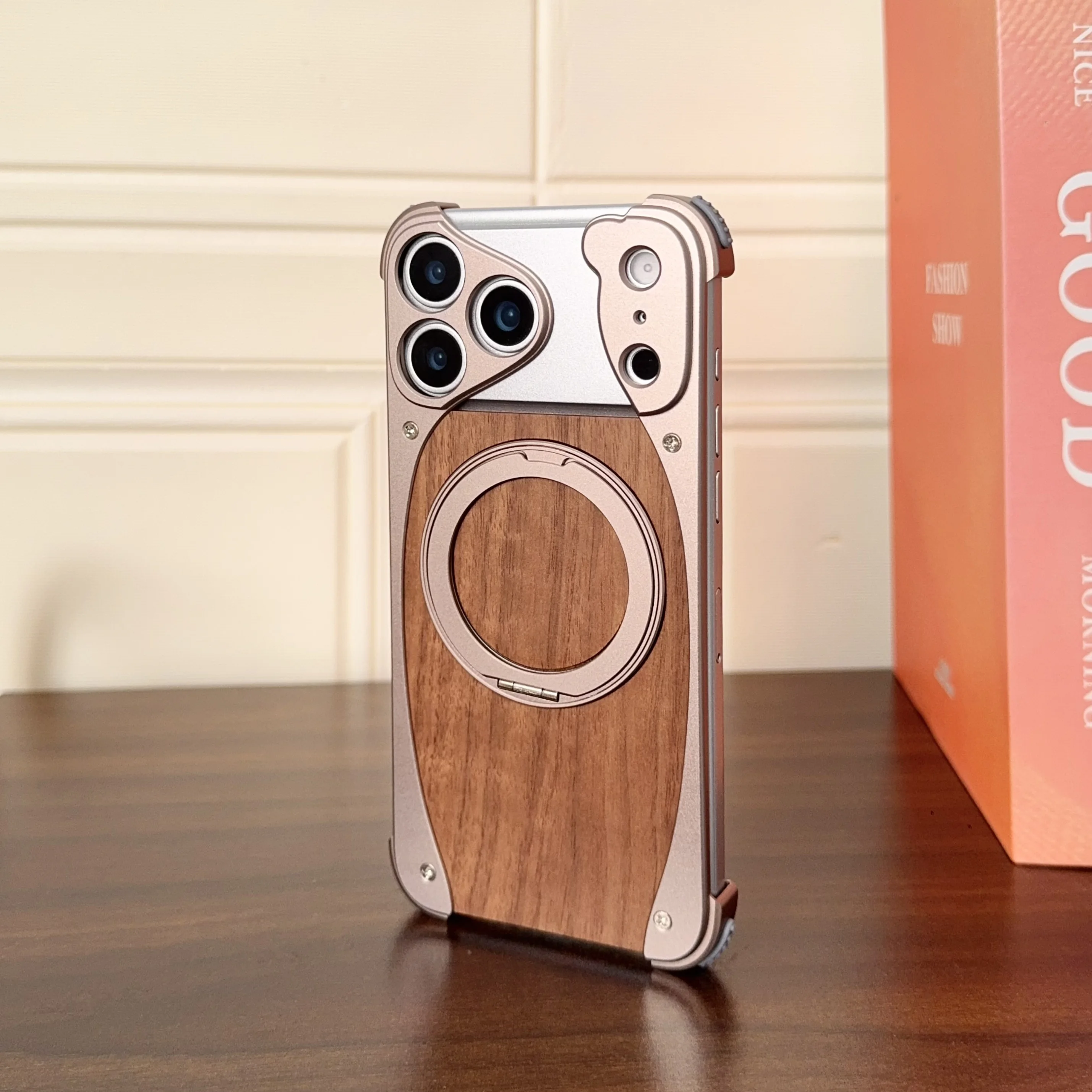 Luxury Metal Frame Walnut Wood Frameless Phone Case For iPhone 18 17 16 15 14 Pro Max Magsafe Magnetic Rotating Bracket Cover