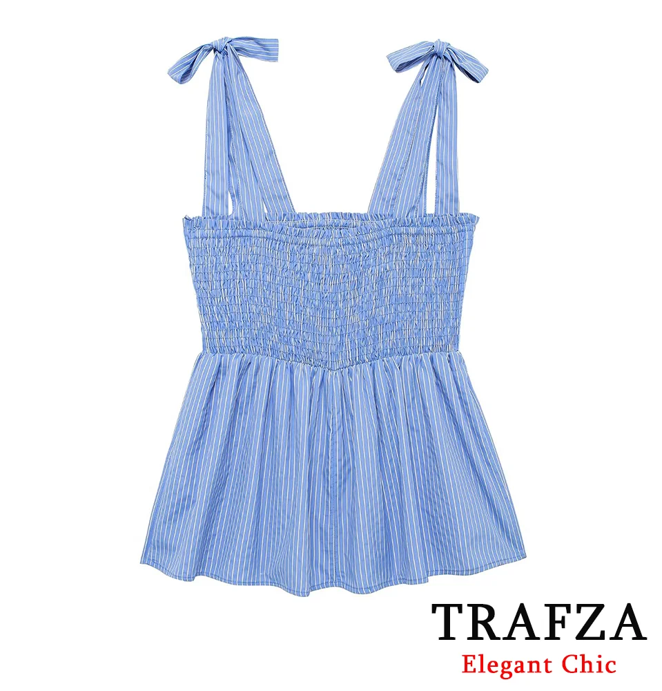 TRAFZA Casual Striped Camisole Top Women's Bow Shoulder Strap One Neckline Top New 2024 Summer Fashion Holiday High Street Top