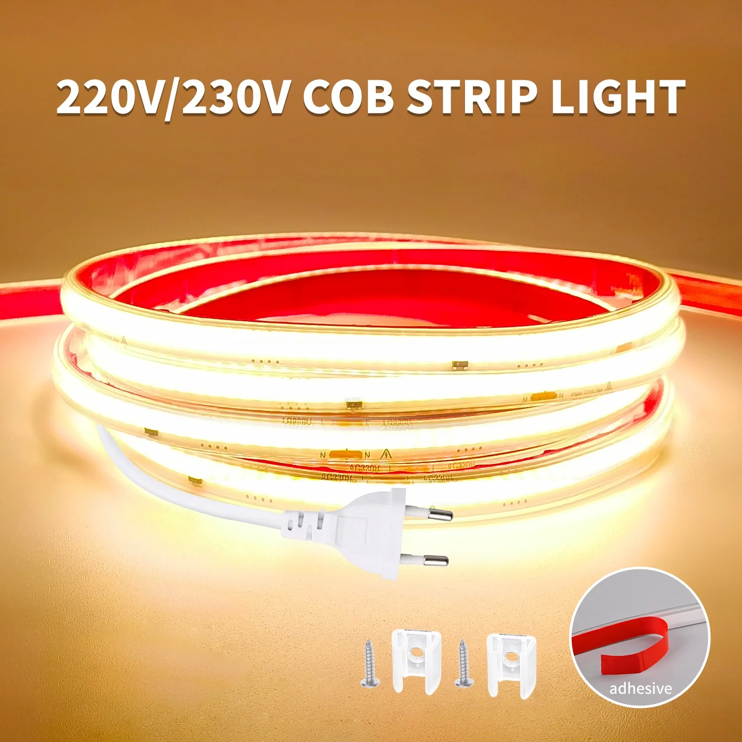 220V 230V COB LED Strip Light 296 LEDs/m High Brightness Waterproof Flexible LED Tape Ribbon for Room Kitchen Outdoor Lighting