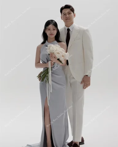 ZHUISHU 섹시한 사이드 하이 슬릿 이브닝 드레스 하이 칼라 민소매 한국 웨딩 리셉션 드레스 맞춤형 사진 촬영 드레스