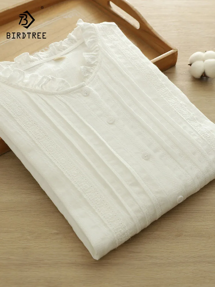 

Новинка 2025, осенняя хлопковая рубашка с длинными рукавами, женская кружевная лоскутная блузка с рюшами, повседневная свободная блузка Mori Girl Temperament INS T58426CC