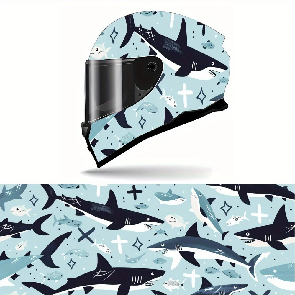 Playful Shark Themed Full Face Helmet Vinyl Wrap Sticker, Waterproof Scratch-Resistant Self-Adhesive PVC Decals, Artistic Aesthe