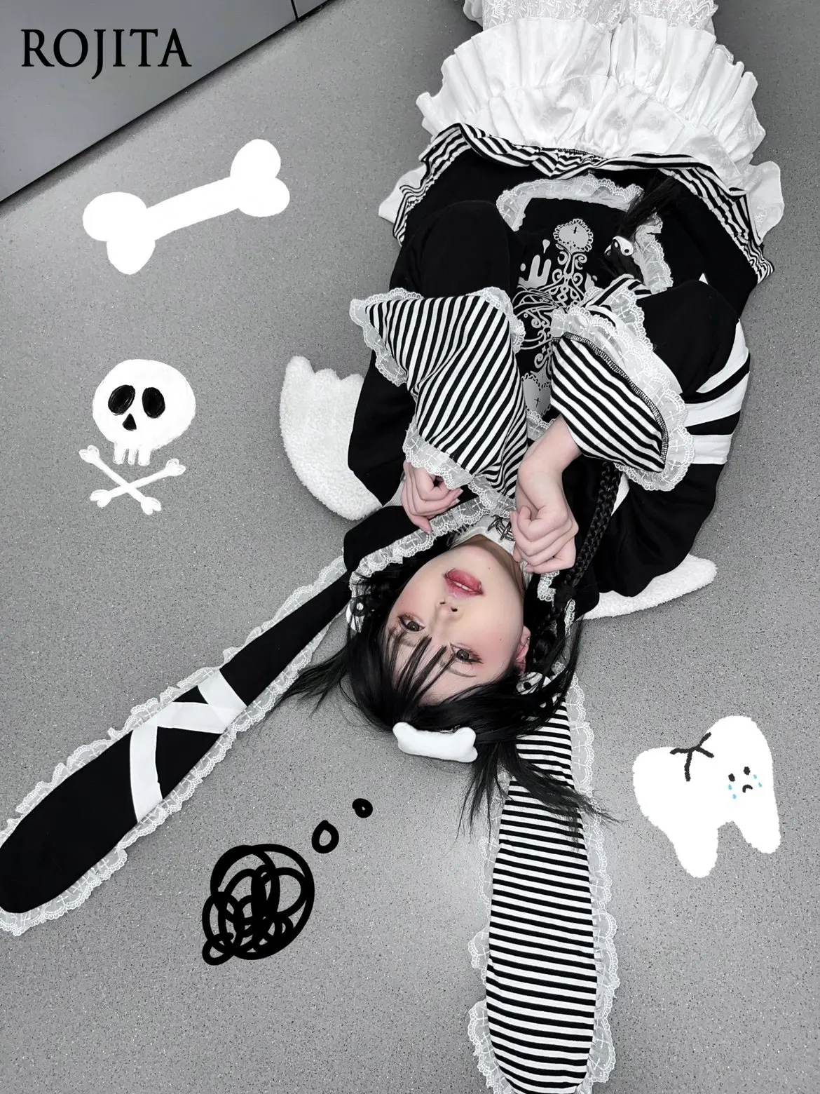 

Униформа для вечеринки, оригинальная субкультура, теплая толстовка с заячьими ушками и галстуком, милая кружевная толстовка большого размера для девочек