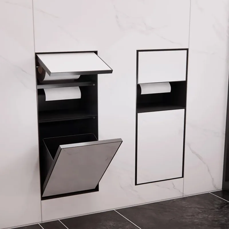 Wall Recessed Bathroom Storage Cabinet Multifunctional Stainless Steel Wall Niche Toilet Trash Can Tissue Holder Shelf