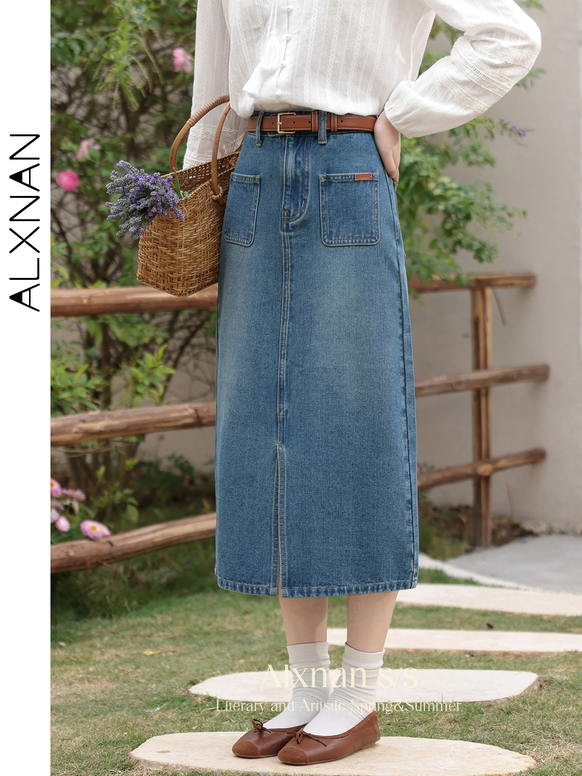 ALXNAN Retro Washed Cotton Denim Skirt Women 2024 Summer Fashion Female Clothing Casual Split Midi Jean Skirts Pockets L33805