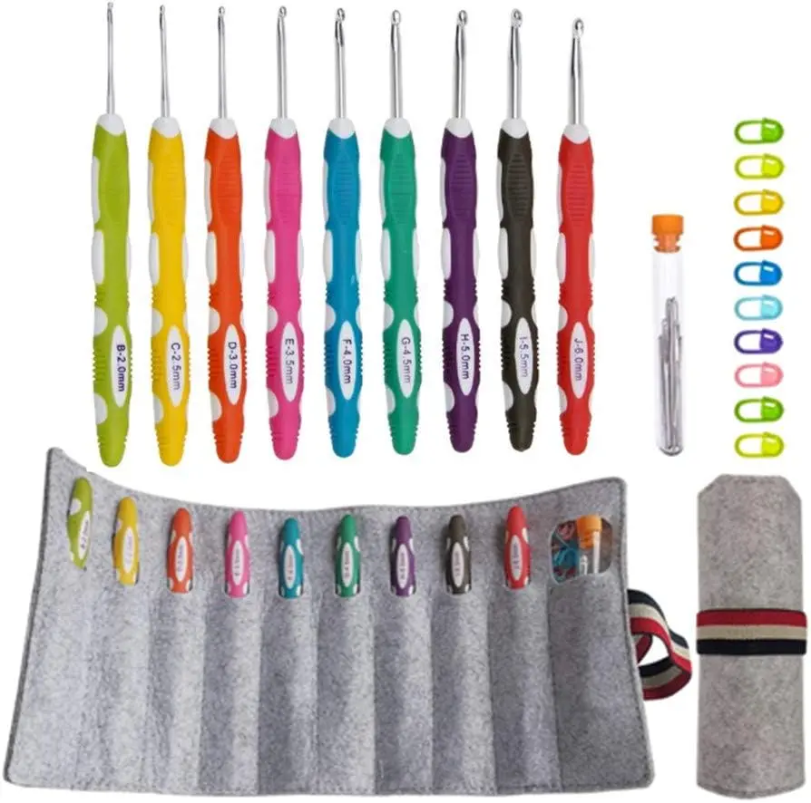 

Ergonomic Crochet Hooks Set with Storage Bag, Comfort Grip for Arthritic Hands, Sizes B to J