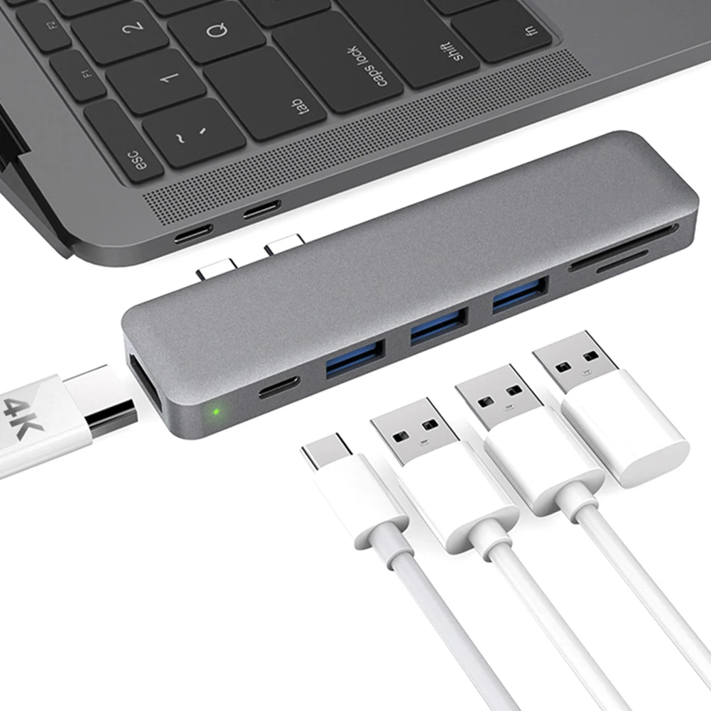 Aluminum Alloy 7-in-1 Multiport Hub with Dual USB-C Connectors 4K Video HD Output Port SD/TF Card Reader USB 3.1 Type-C Port and